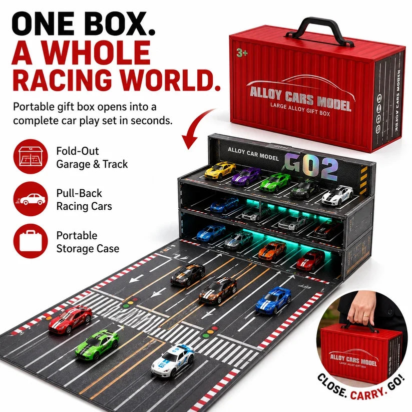 🏎️💡 Fold-Out Racing Garage Adventure Set – Pull-Back Cars, Light-Up Parking & Portable Track