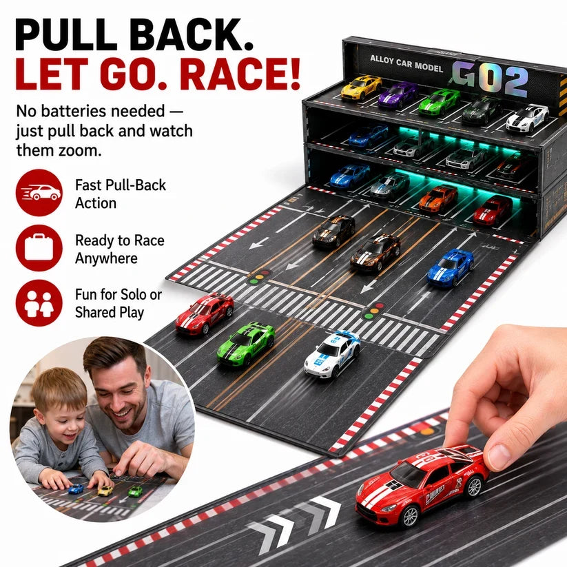 🏎️💡 Fold-Out Racing Garage Adventure Set – Pull-Back Cars, Light-Up Parking & Portable Track