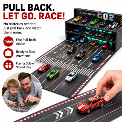 🏎️💡 Fold-Out Racing Garage Adventure Set – Pull-Back Cars, Light-Up Parking & Portable Track