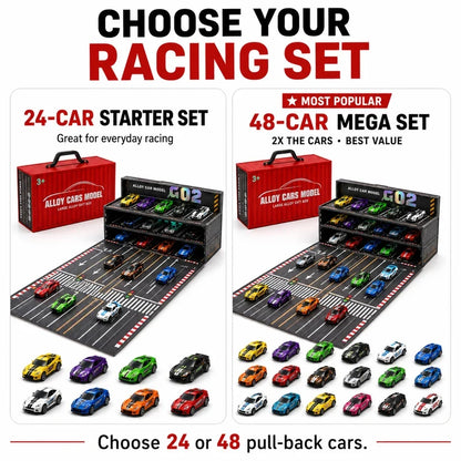 🏎️💡 Fold-Out Racing Garage Adventure Set – Pull-Back Cars, Light-Up Parking & Portable Track