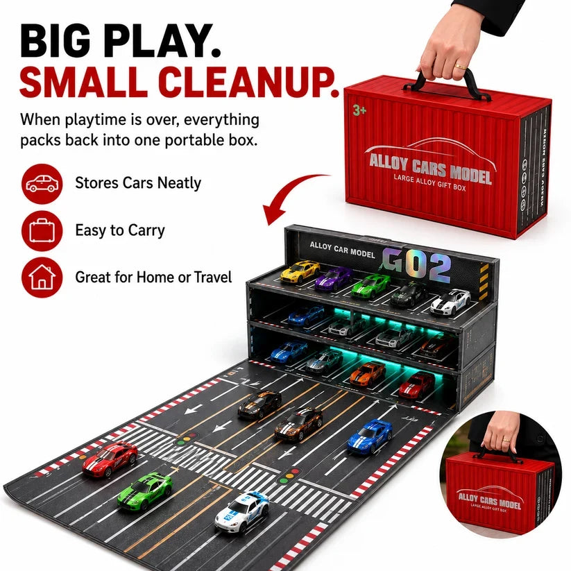 🏎️💡 Fold-Out Racing Garage Adventure Set – Pull-Back Cars, Light-Up Parking & Portable Track