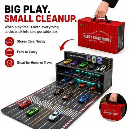 🏎️💡 Fold-Out Racing Garage Adventure Set – Pull-Back Cars, Light-Up Parking & Portable Track