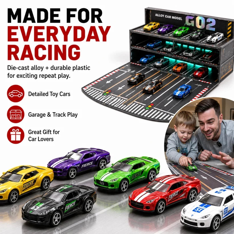 🏎️💡 Fold-Out Racing Garage Adventure Set – Pull-Back Cars, Light-Up Parking & Portable Track
