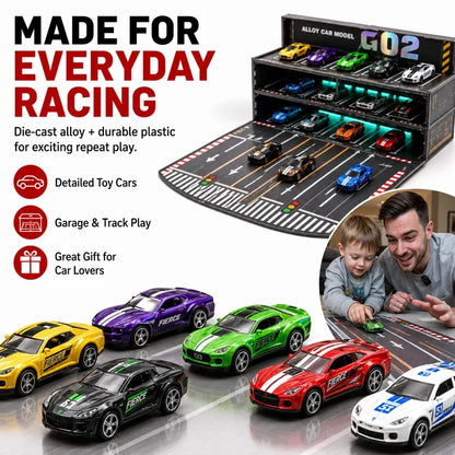 🏎️💡 Fold-Out Racing Garage Adventure Set – Pull-Back Cars, Light-Up Parking & Portable Track