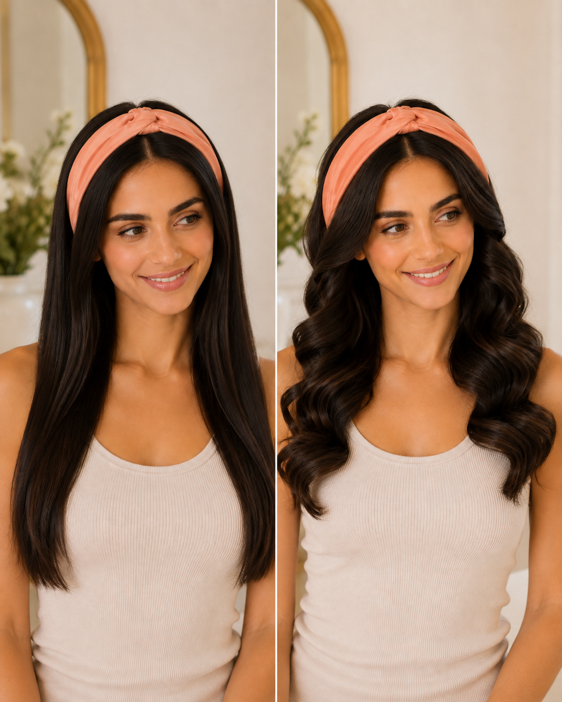 Before and after heatless curl result
