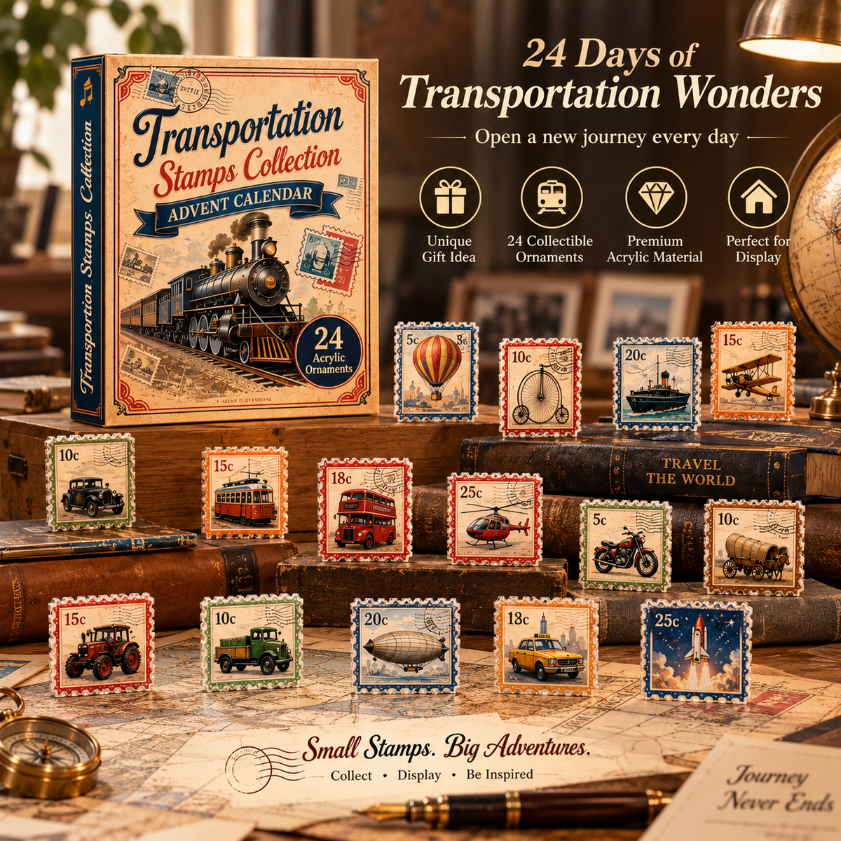 CHRISTMAS KICKOFF 40% OFF - Transportation Stamps Collection Advent Calendar 2026 - 24-Day Festive Countdown, Acrylic Charms Blind Box - Gift For Stamp Lovers