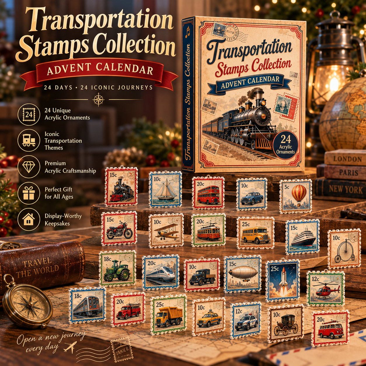 CHRISTMAS KICKOFF 40% OFF - Transportation Stamps Collection Advent Calendar 2026 - 24-Day Festive Countdown, Acrylic Charms Blind Box - Gift For Stamp Lovers