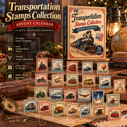 CHRISTMAS KICKOFF 40% OFF - Transportation Stamps Collection Advent Calendar 2026 - 24-Day Festive Countdown, Acrylic Charms Blind Box - Gift For Stamp Lovers