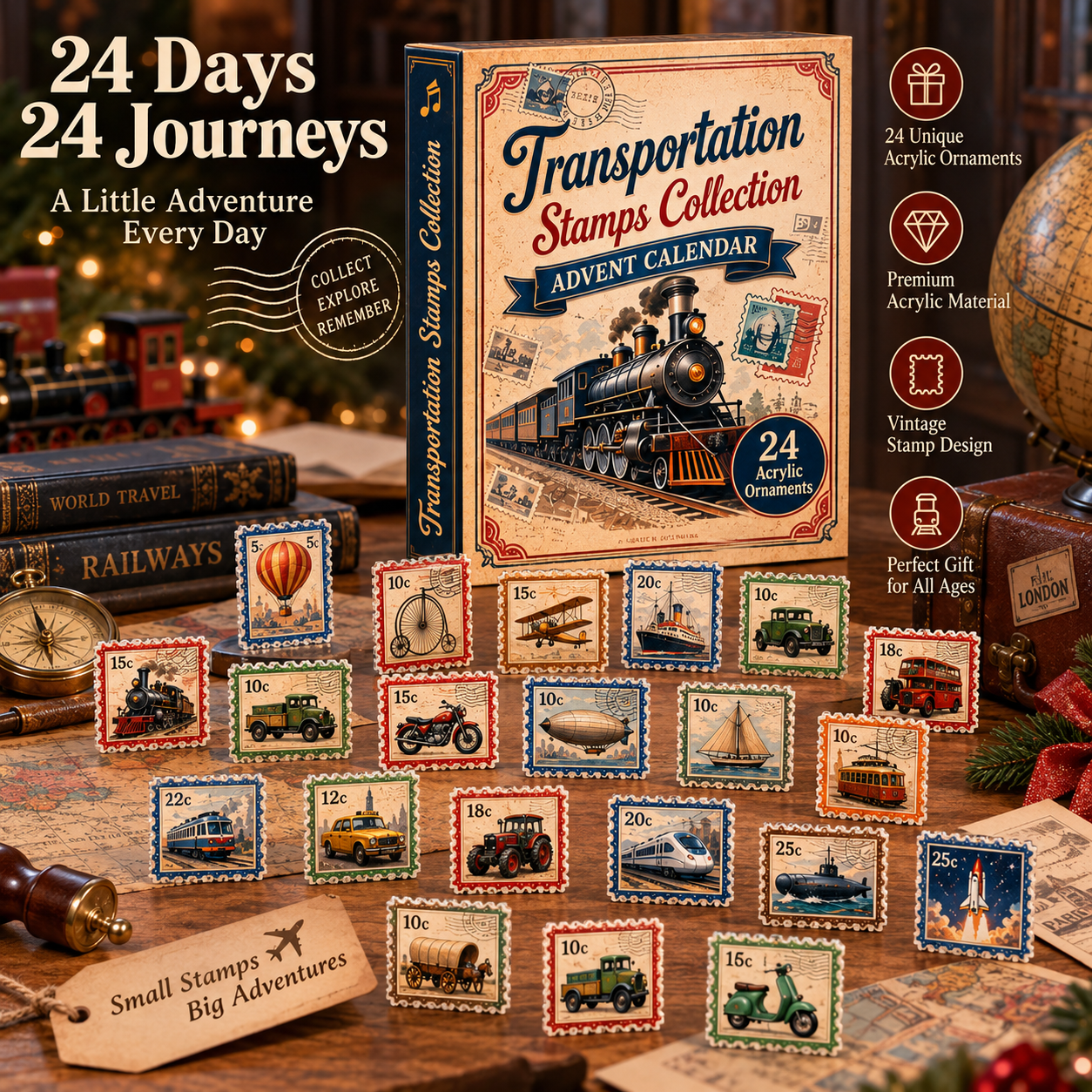 CHRISTMAS KICKOFF 40% OFF - Transportation Stamps Collection Advent Calendar 2026 - 24-Day Festive Countdown, Acrylic Charms Blind Box - Gift For Stamp Lovers