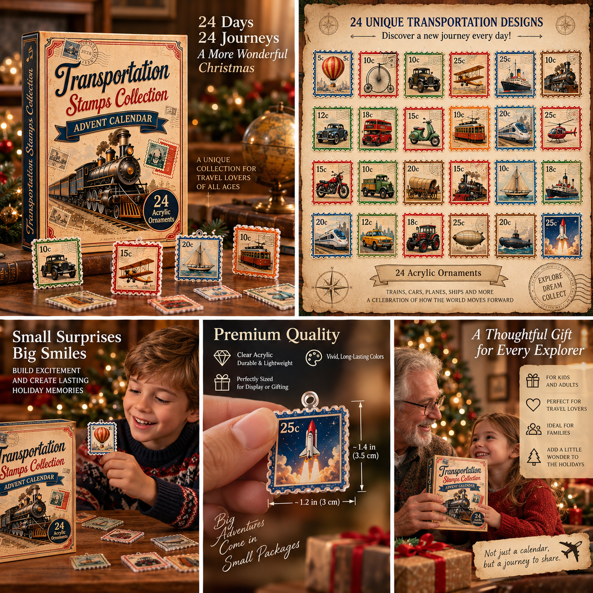 CHRISTMAS KICKOFF 40% OFF - Transportation Stamps Collection Advent Calendar 2026 - 24-Day Festive Countdown, Acrylic Charms Blind Box - Gift For Stamp Lovers