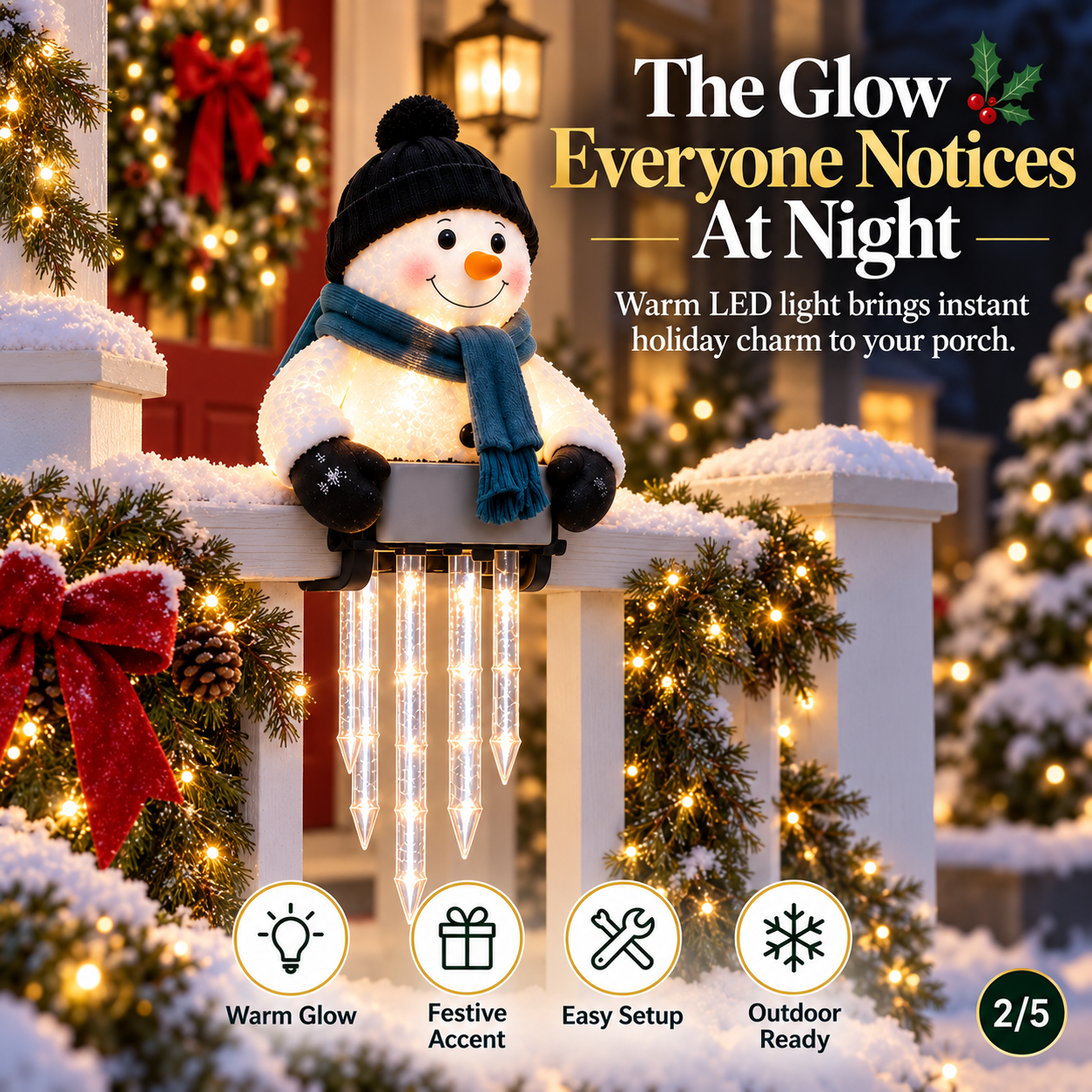 Several snowman Christmas lights on porch railing