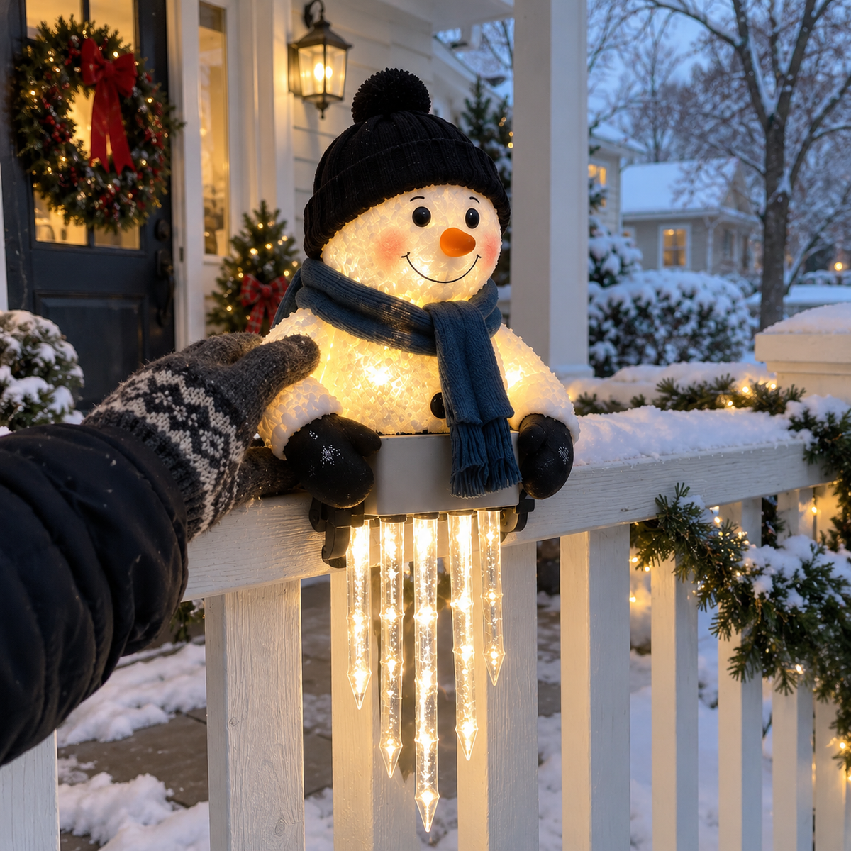 Customer adjusting snowman light