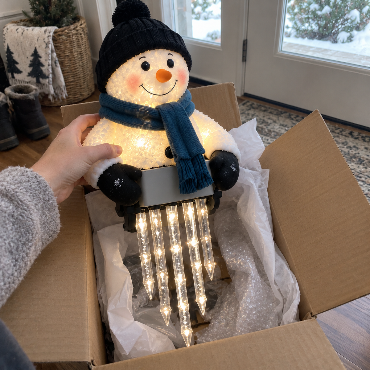 Customer unboxing snowman Christmas light