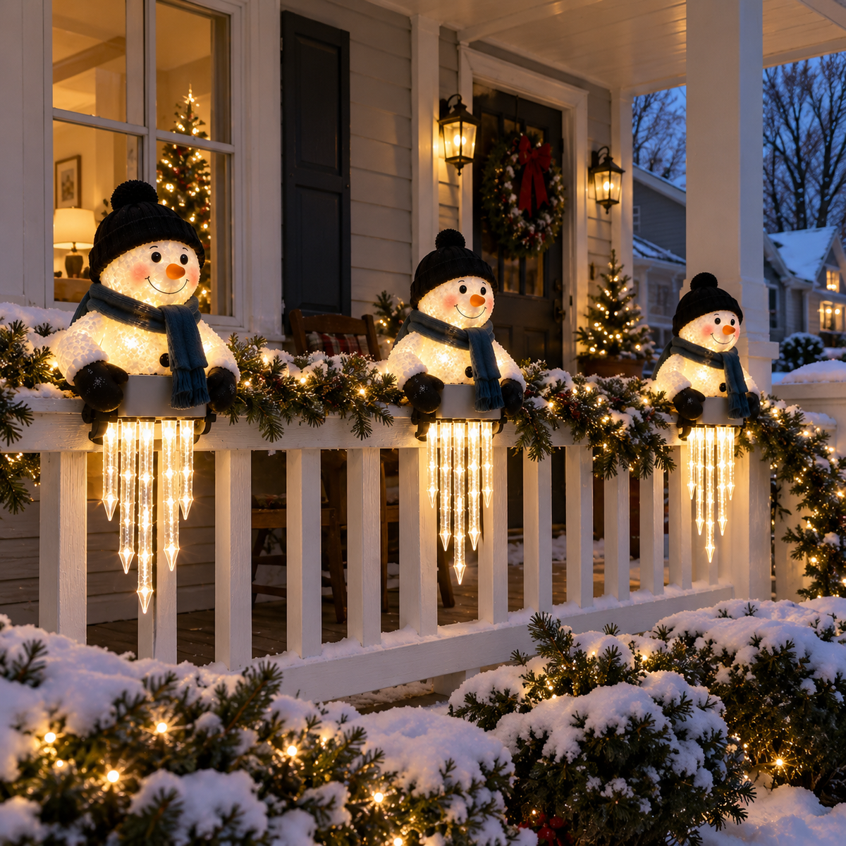 Three snowman lights on porch railing