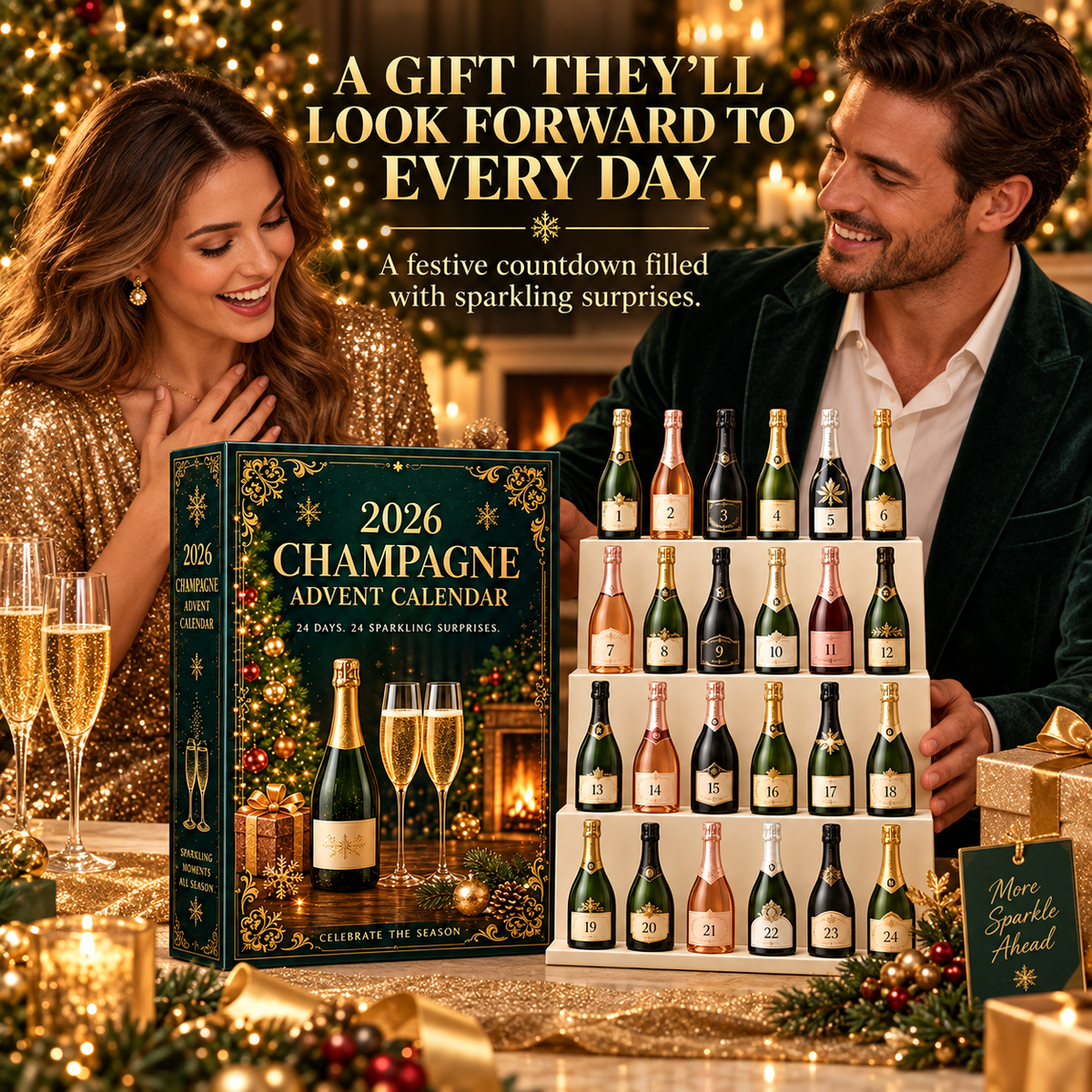 24 sparkling bottle designs included in champagne advent calendar