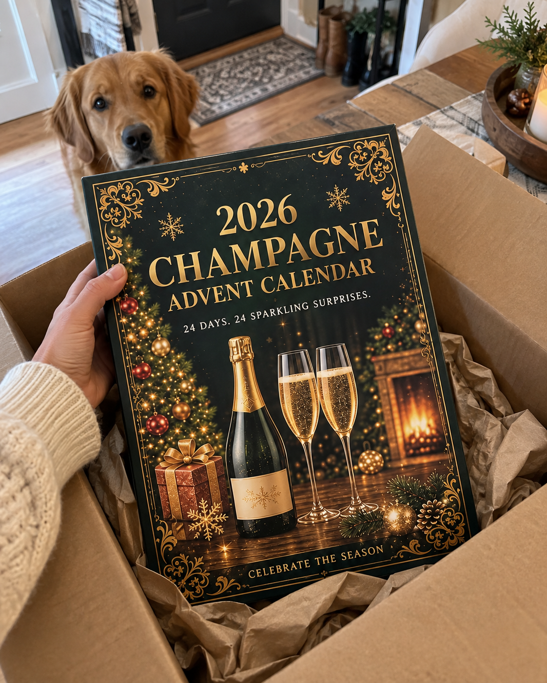 Champagne Advent Calendar displayed in a cozy Christmas home