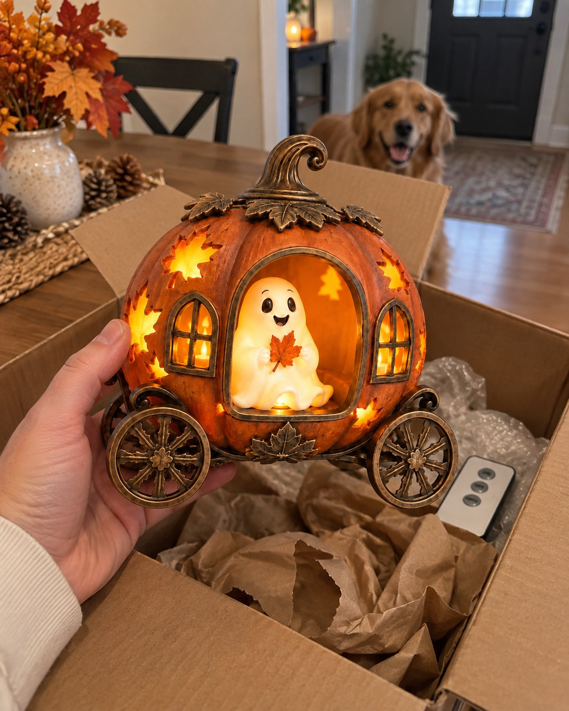 Lighted Ghost Pumpkin Carriage Figurine🎃