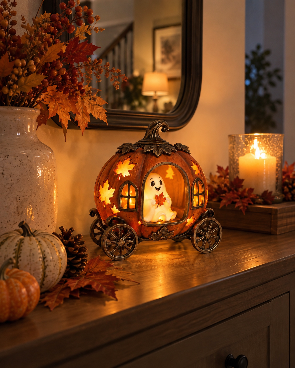 Lighted Ghost Pumpkin Carriage Figurine🎃
