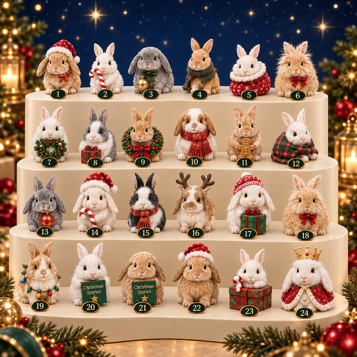 Complete collection of 24 Christmas bunny figurines