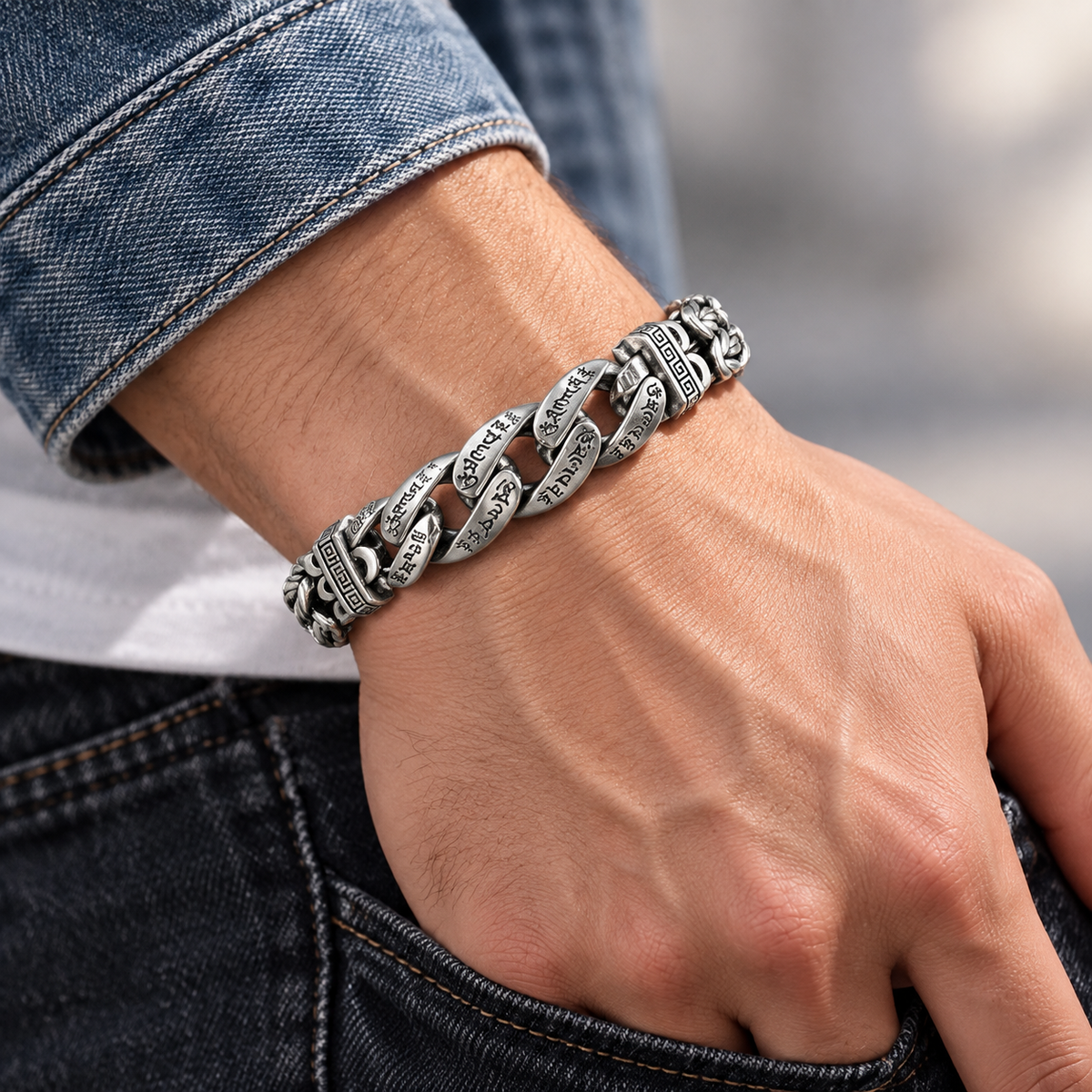 Close-up view of bracelet clasp and geometric detailing