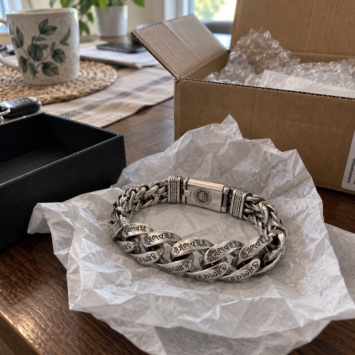 Bracelet clasp shown while worn on wrist