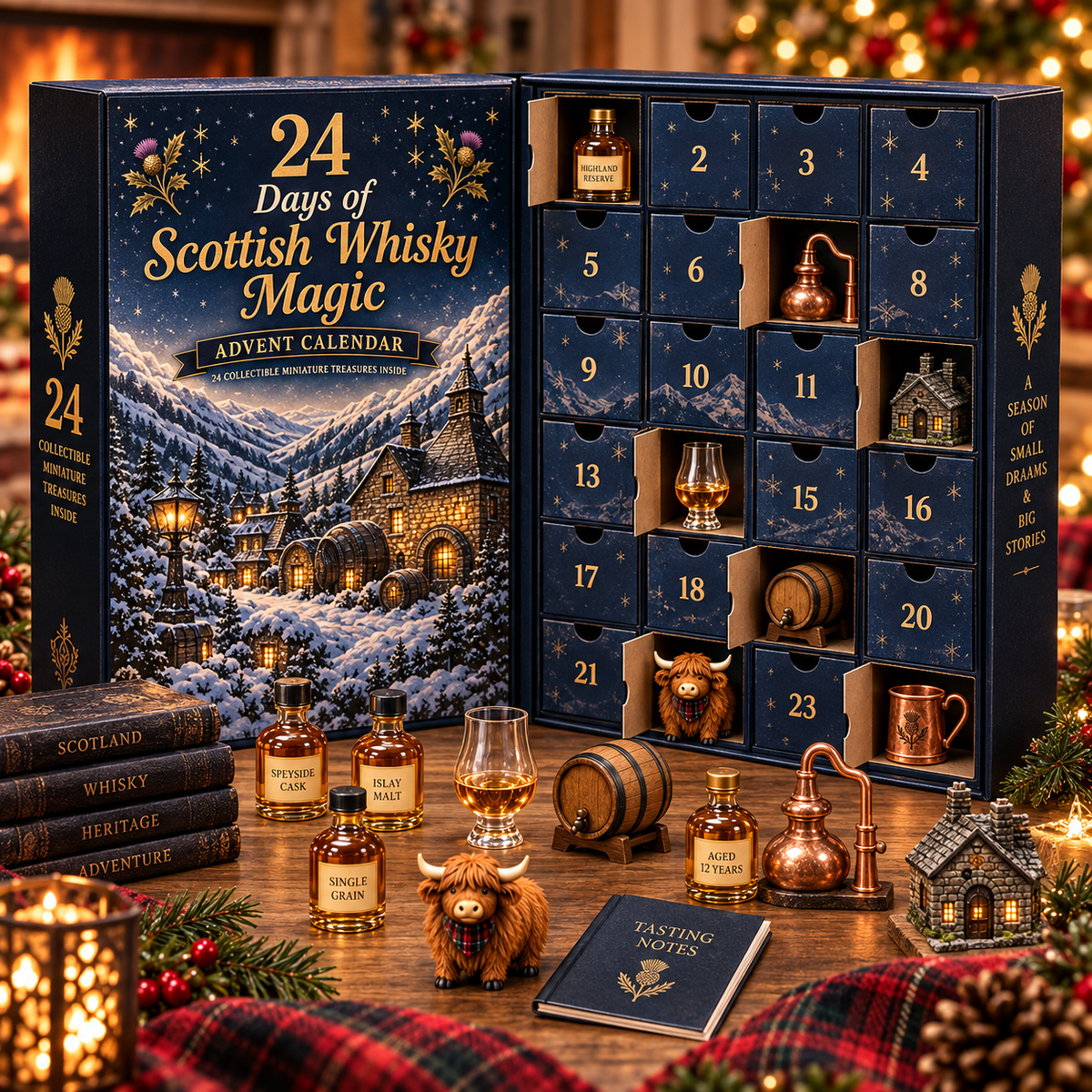 Scottish whisky themed Christmas collectibles displayed together