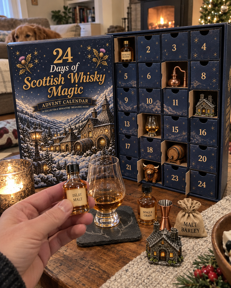 Woman holding Scottish whisky themed Christmas advent calendar