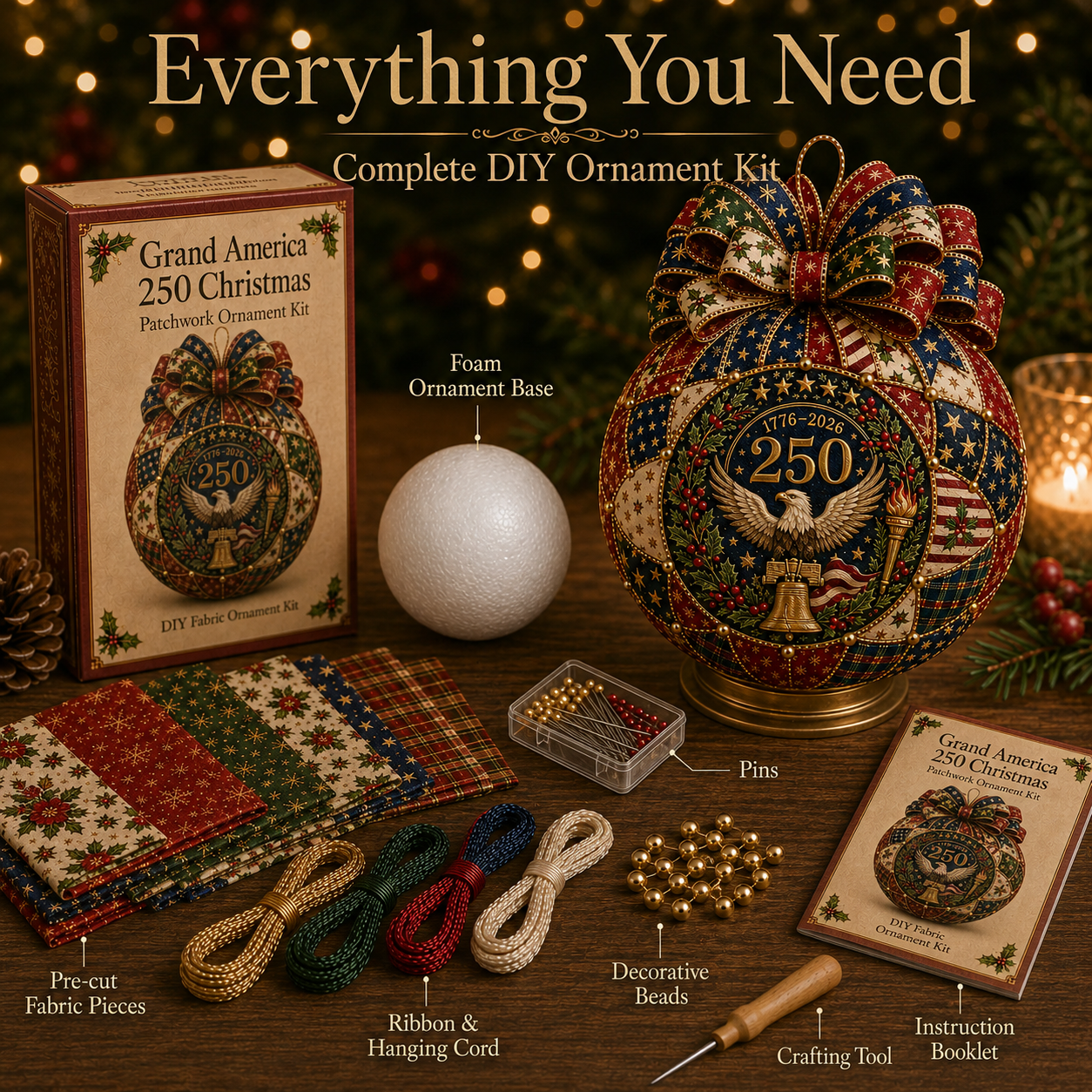 🇺🇸❤️Beginner-Friendly🎄 USA 250th Anniversary Christmas Patchwork Ornament DIY Kit