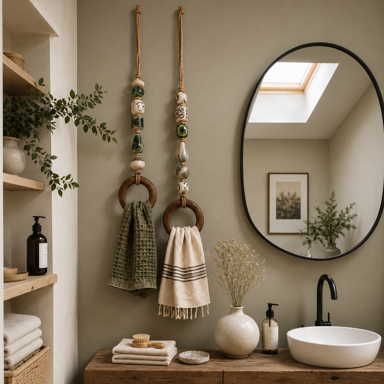 Two decorative beaded towel hangers styled beside a bathroom sink