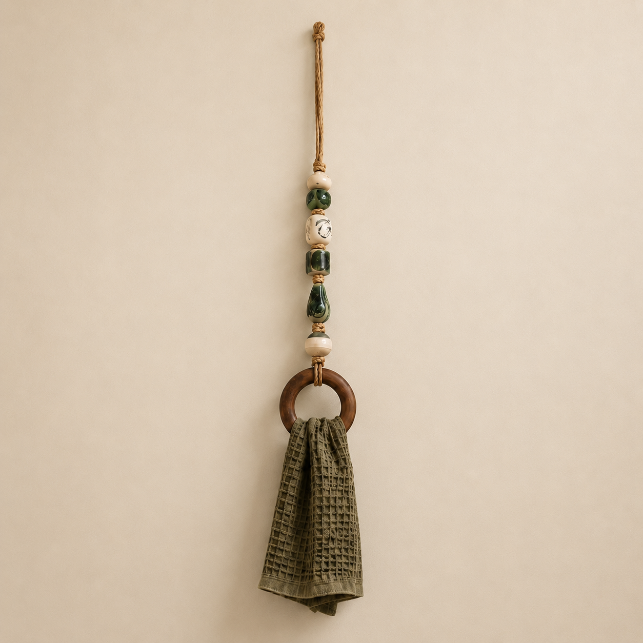 Coastal Blue Beaded Towel Hanger with Wooden Ring