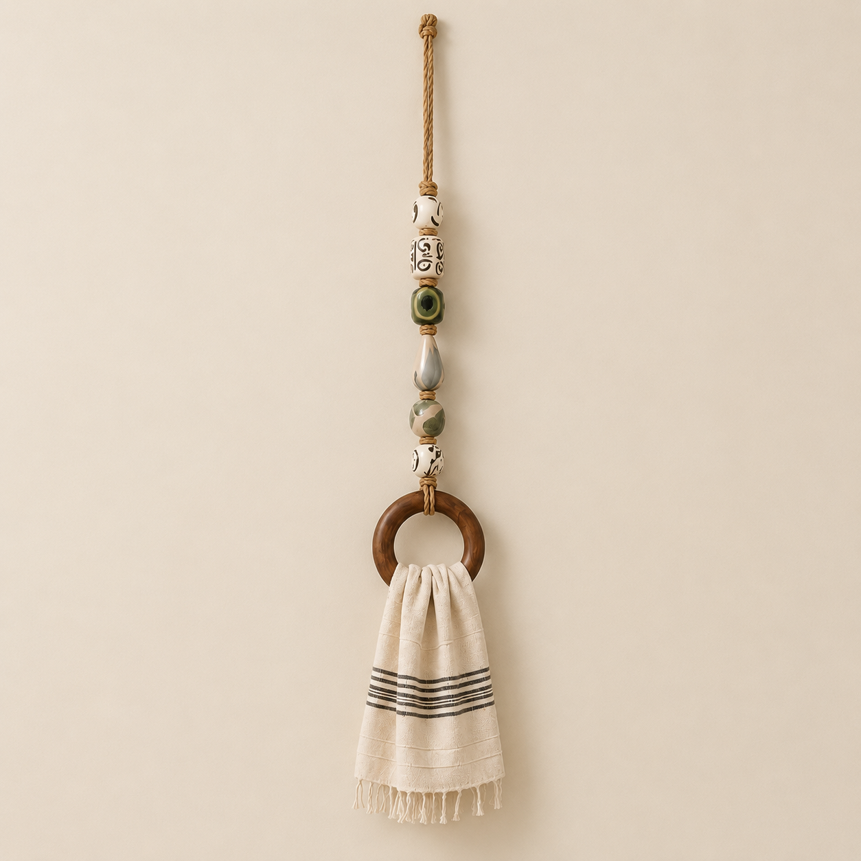 Coastal Blue Beaded Towel Hanger with Wooden Ring