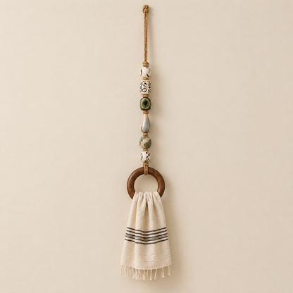 Coastal Blue Beaded Towel Hanger with Wooden Ring