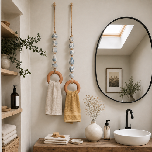 Coastal Blue Beaded Towel Hanger with Wooden Ring