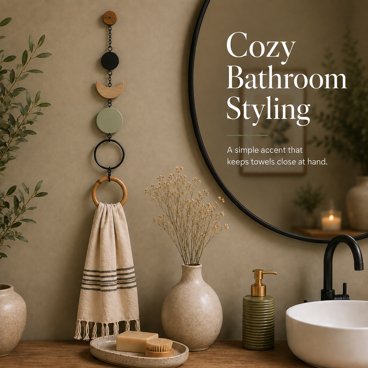 Organic Modern Towel Hanger – Geometric Wall Accent with Wooden Ring