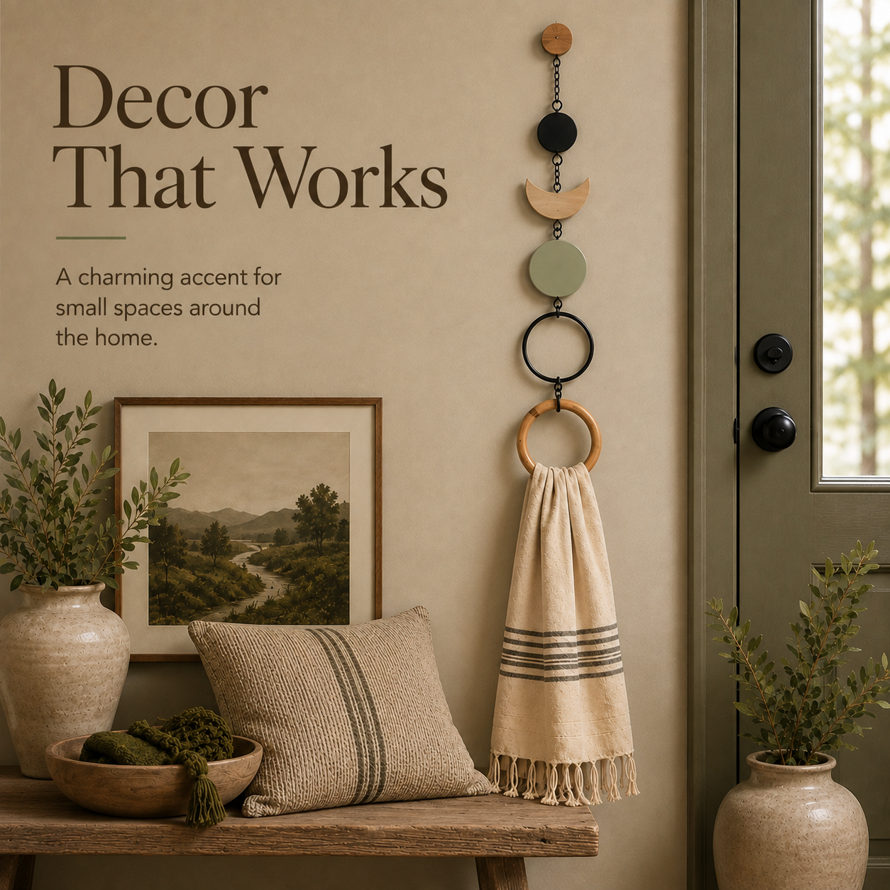 Organic Modern Towel Hanger – Geometric Wall Accent with Wooden Ring