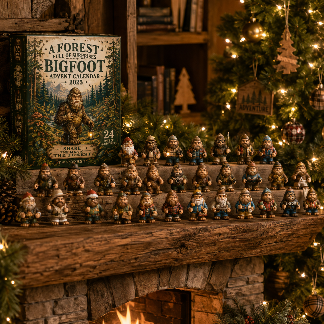 Complete Bigfoot figure collection displayed on a Christmas mantel