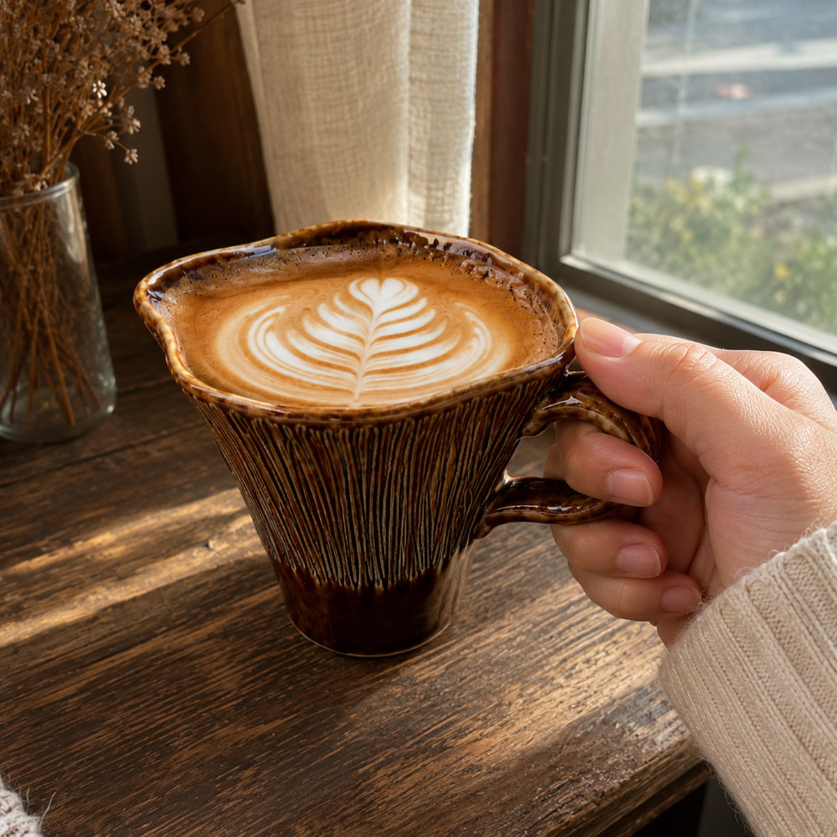 Vintage Ribbed Ceramic Coffee Cup