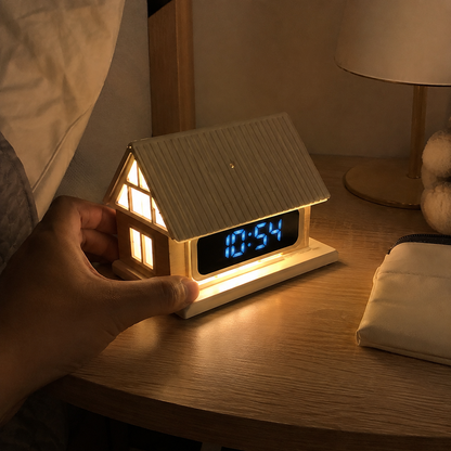 🏡✨ Cozy Cabin 4-in-1 Bedside Station – Alarm Clock, Night Light, White Noise & Wireless Charger
