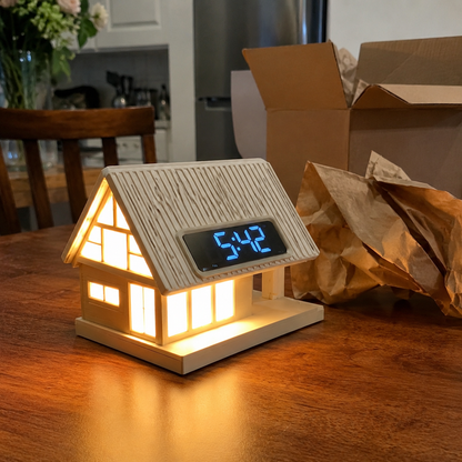 🏡✨ Cozy Cabin 4-in-1 Bedside Station – Alarm Clock, Night Light, White Noise & Wireless Charger