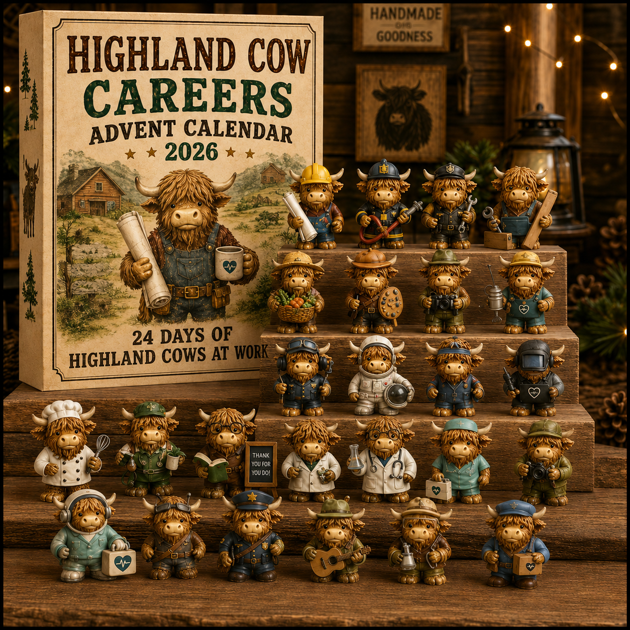 Highland Cow Careers Advent Calendar collection in cozy Christmas living room