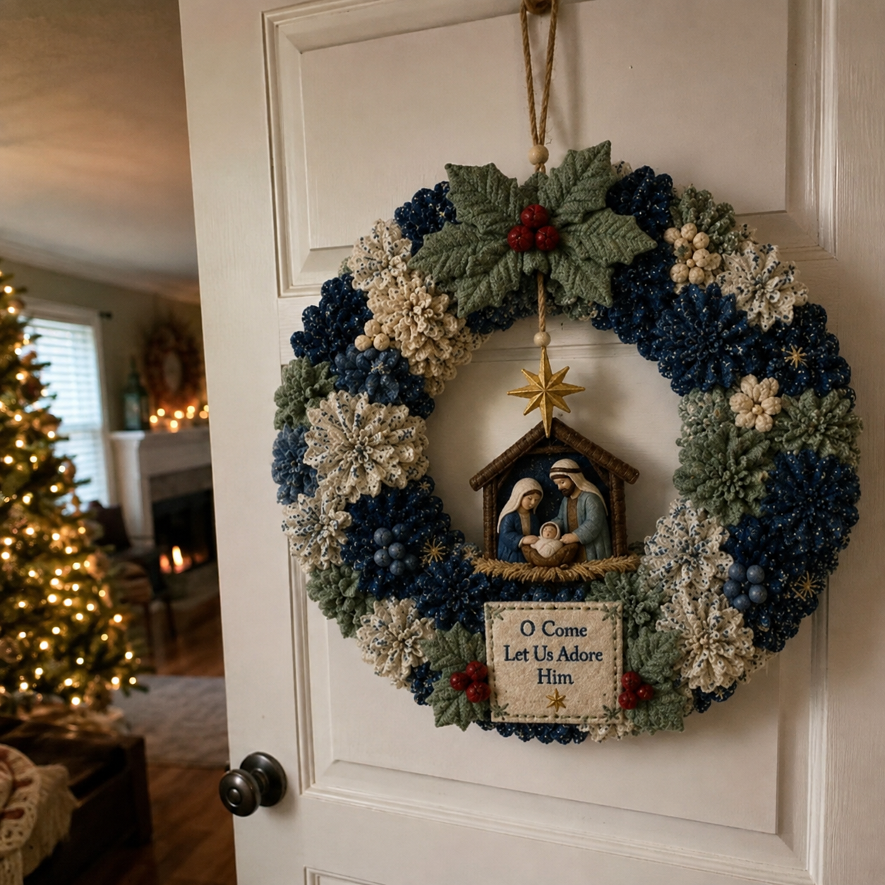 Christmas wreath hanging on front door