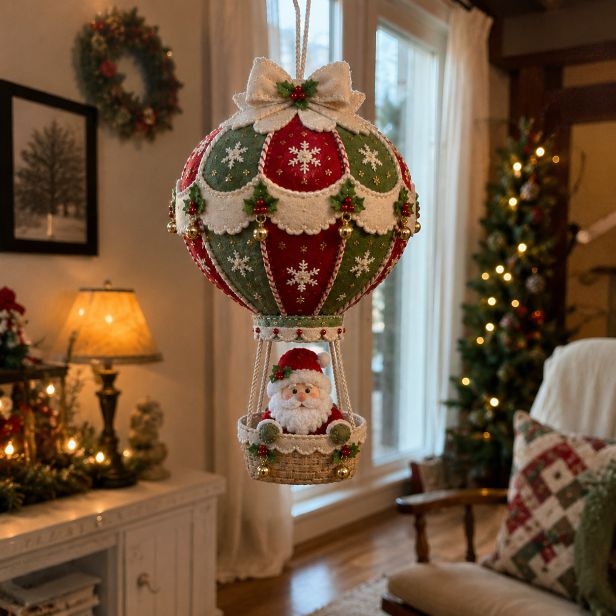 Christmas hot air balloon hanging in living room