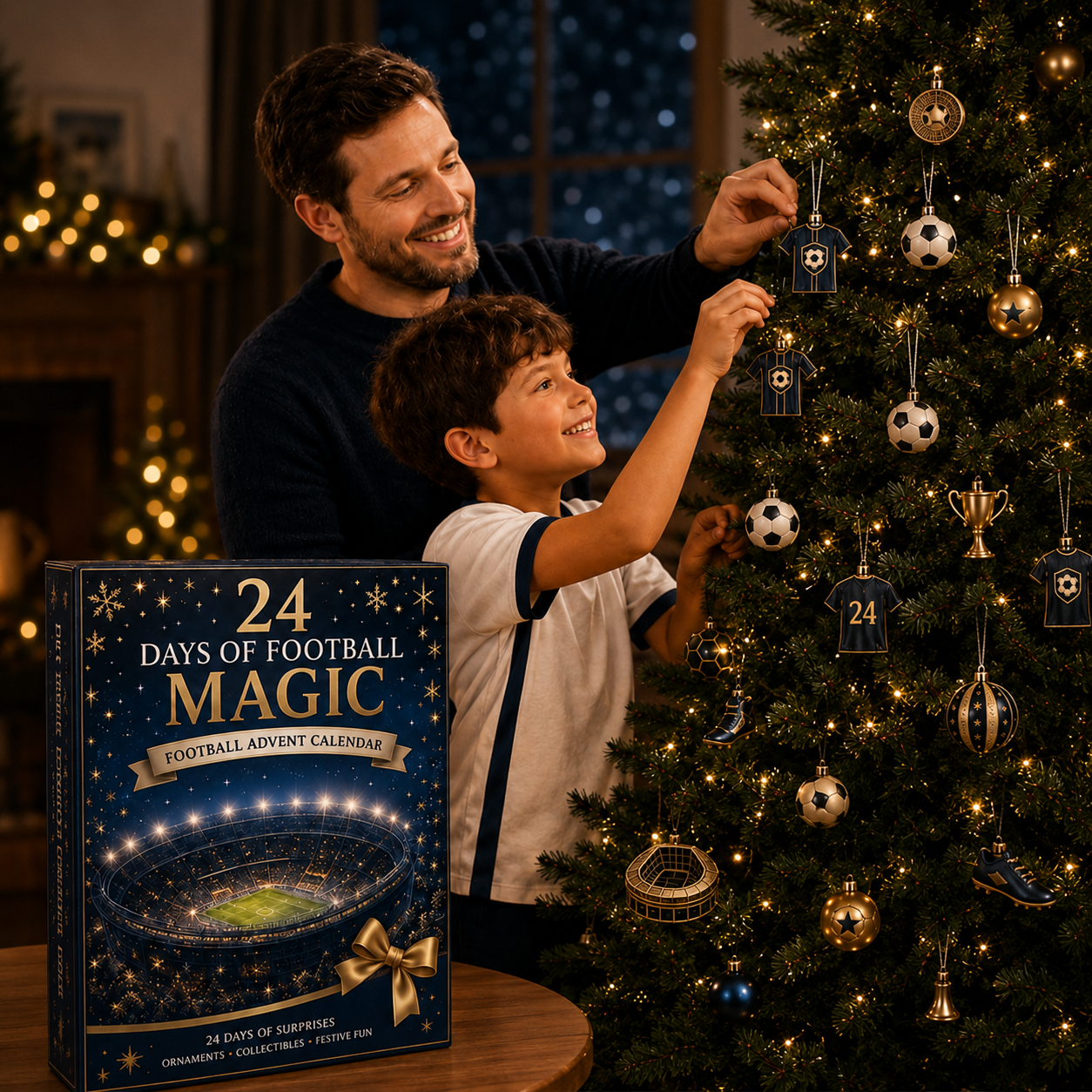 Father and child decorating a Christmas tree with football keepsake ornaments