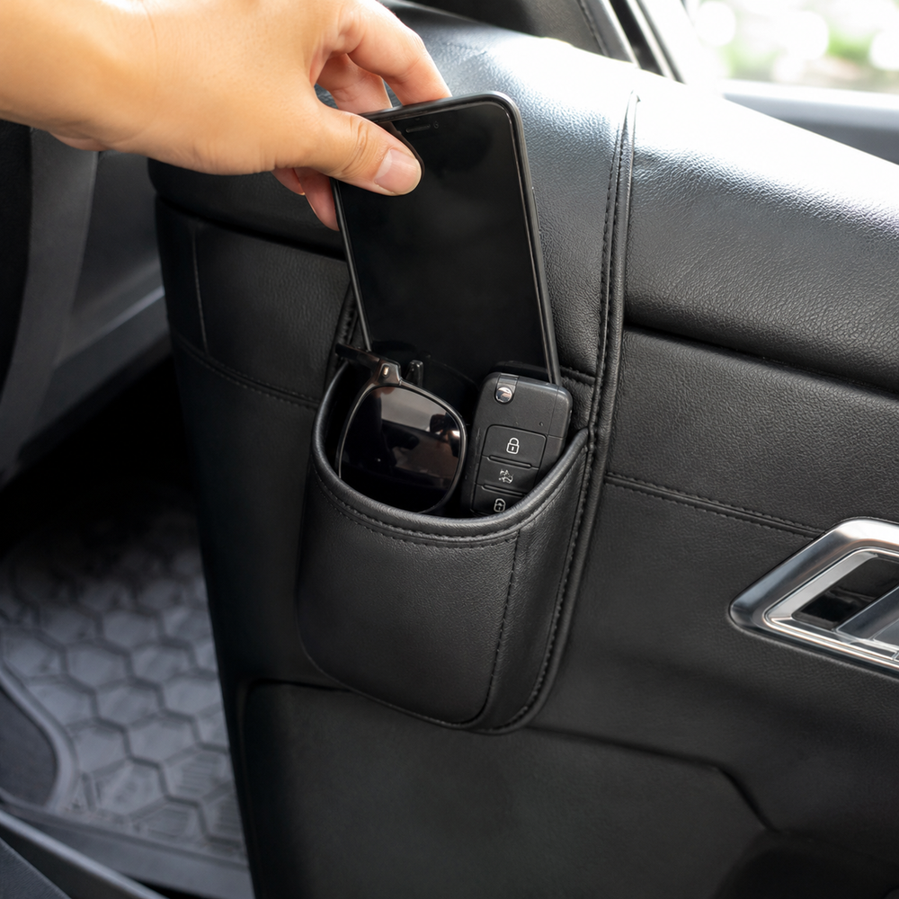 Hand placing phone in car storage pocket