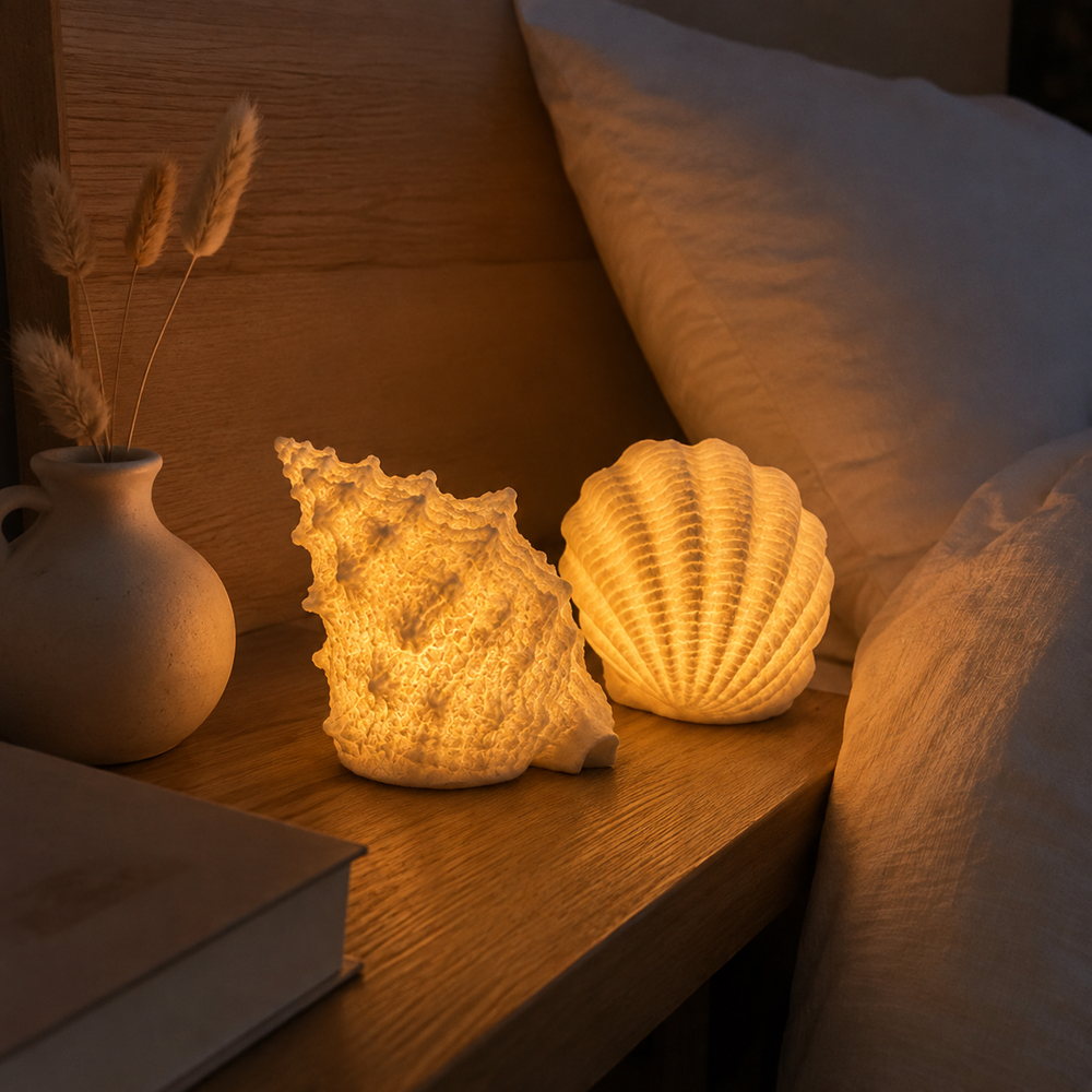 Coastal shell lights on bedside table