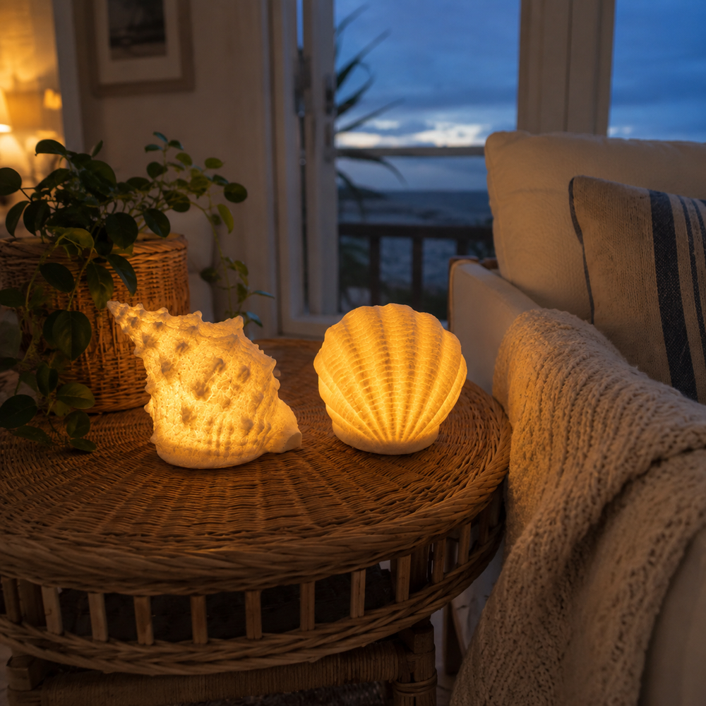 Shell ambient lamps beside coastal window at dusk