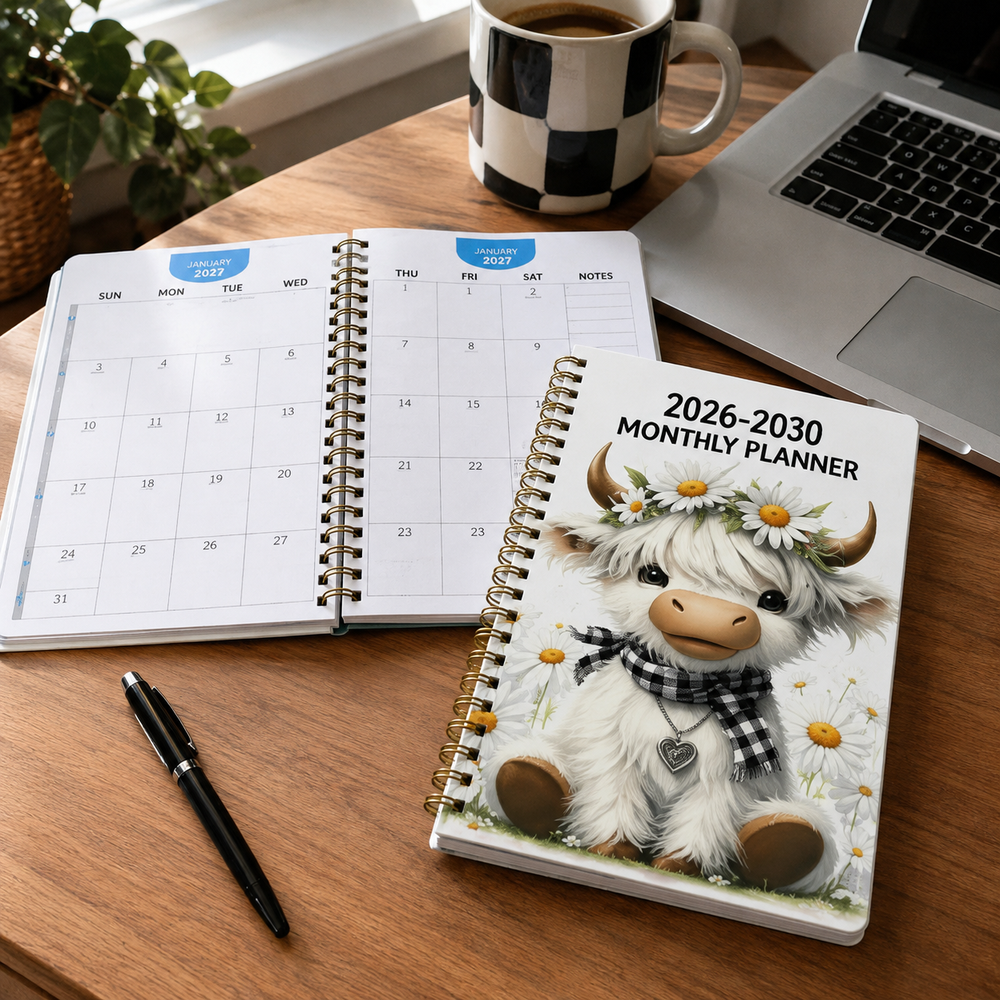 Customer holding Highland Cow monthly planner