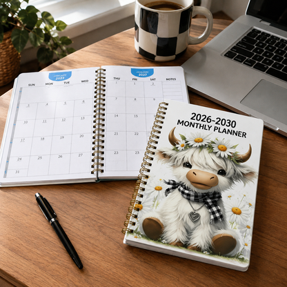 2026-2030 Calendar - From January 2026 to December 2030, 5-year calendar, cartoon Highland cow themed cover design, annual calendar planning, month labels, 60-month calendar