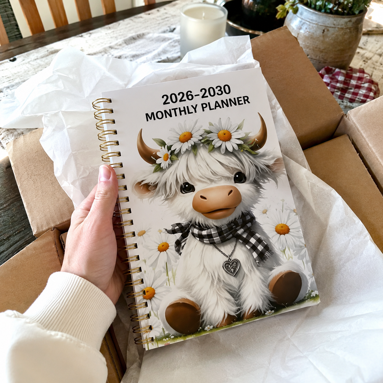 2026-2030 Calendar - From January 2026 to December 2030, 5-year calendar, cartoon Highland cow themed cover design, annual calendar planning, month labels, 60-month calendar