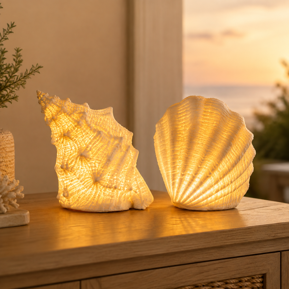 Coastal shell pair glowing at sunset